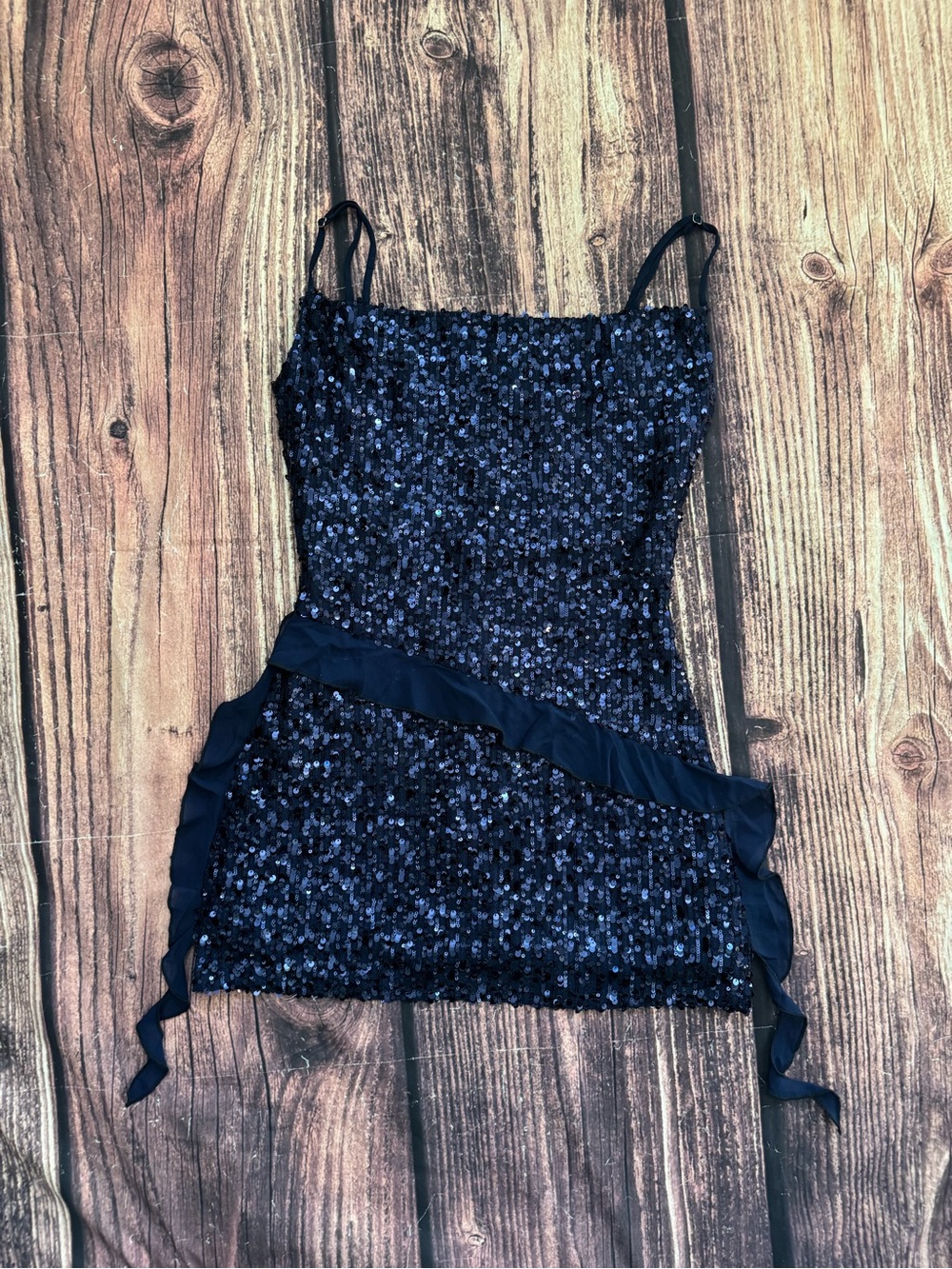 Edikted Navy Blue Sequin Ruffle Mini Dress Medium